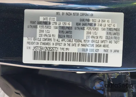 2022 Mazda Cx-9 Touring Plus z USA, uszkodzony, nr VIN JM3TCBAY2N0629701